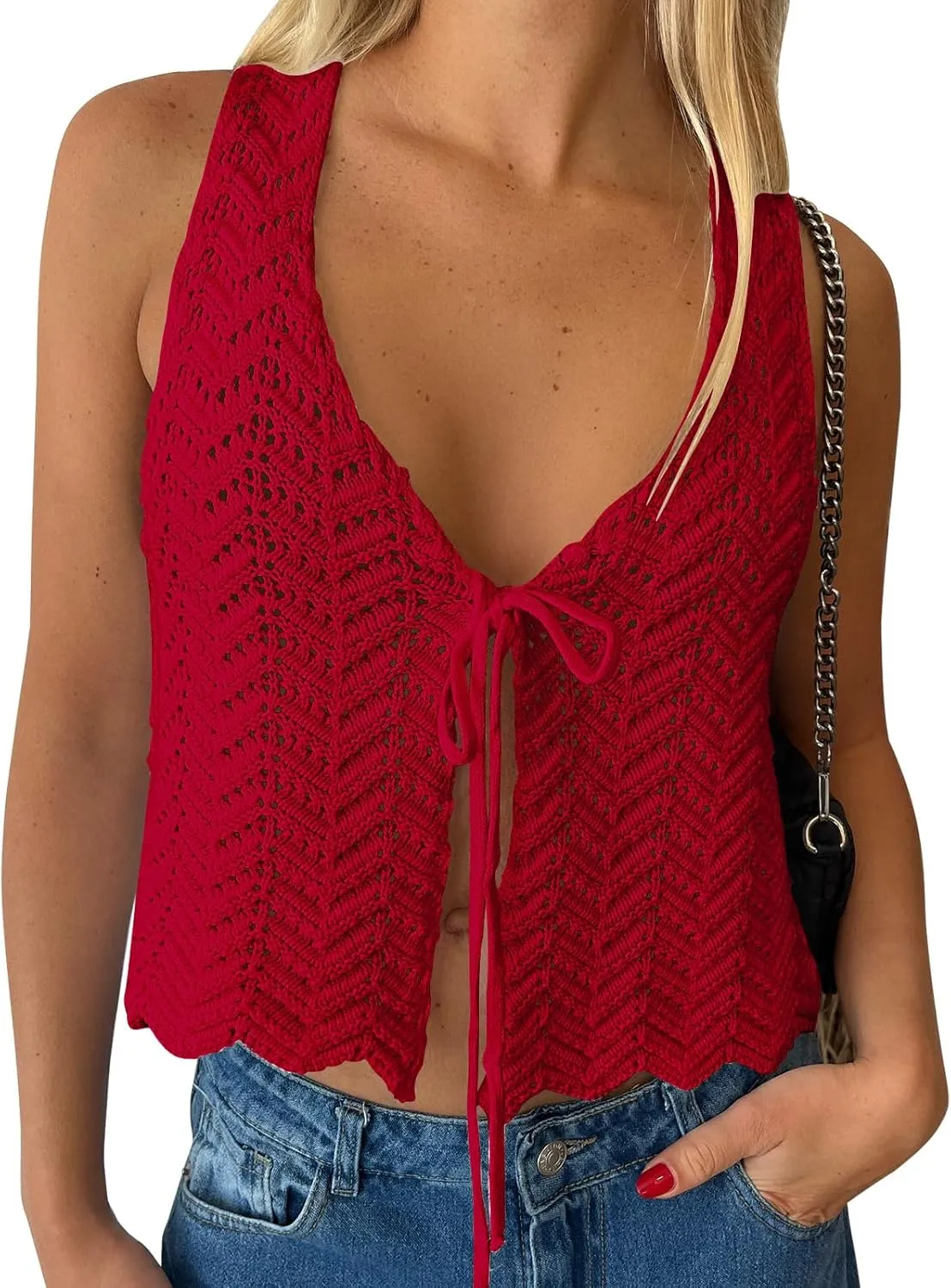 LILLUSORY Crochet Tops for Women Summer Vacation Outfits Beach Coverup Going Out Tie Front Spring Sweater Vest 2025 Fashion