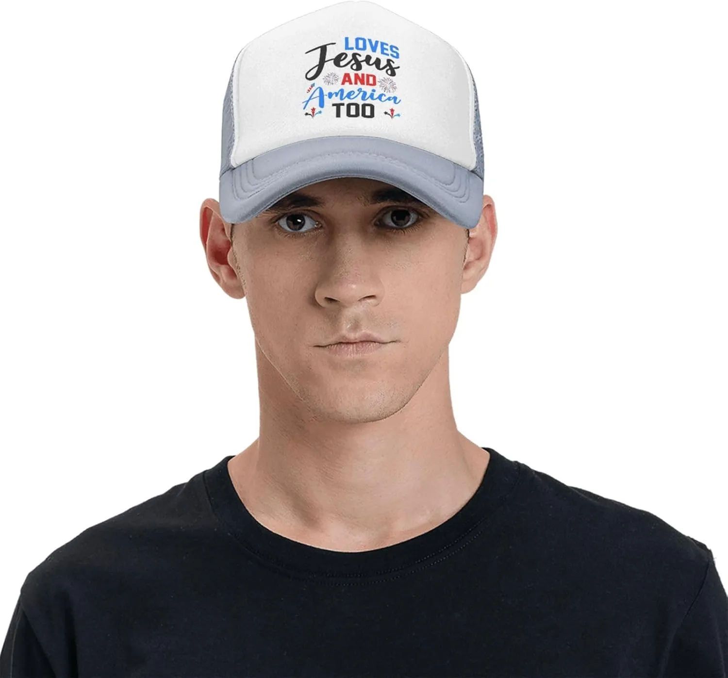 Loves Jesus and America Too Mesh Hat 4th of July Independence Day Hat Men Women Patriotic American Summer Cap Black