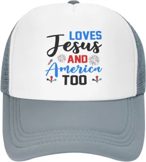 Loves Jesus and America Too Mesh Hat 4th of July Independence Day Hat Men Women Patriotic American Summer Cap Black