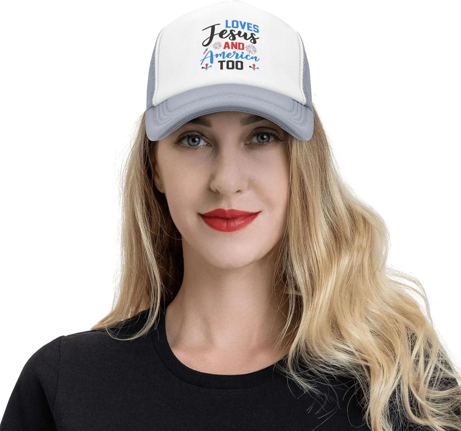 Loves Jesus and America Too Mesh Hat 4th of July Independence Day Hat Men Women Patriotic American Summer Cap Black