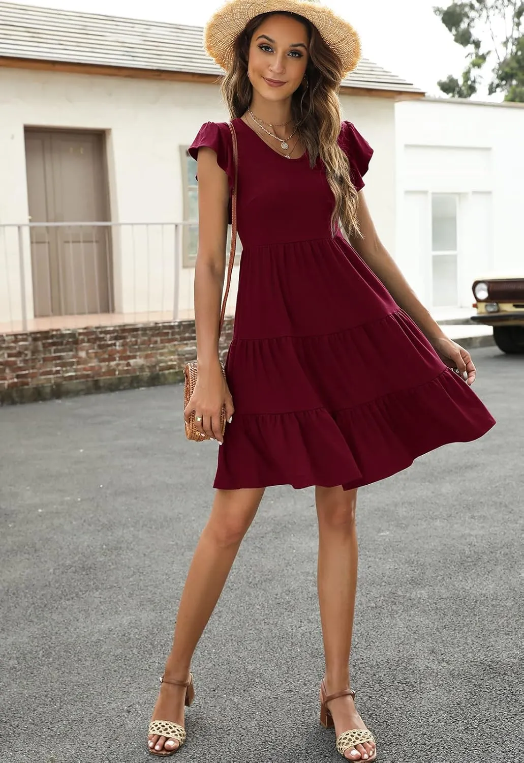 Lyrur Sundresses for Women Wedding Guest Cute Ruffle Sleeve Mini Tiered Babydoll Casual Beach Black Summer Dresses