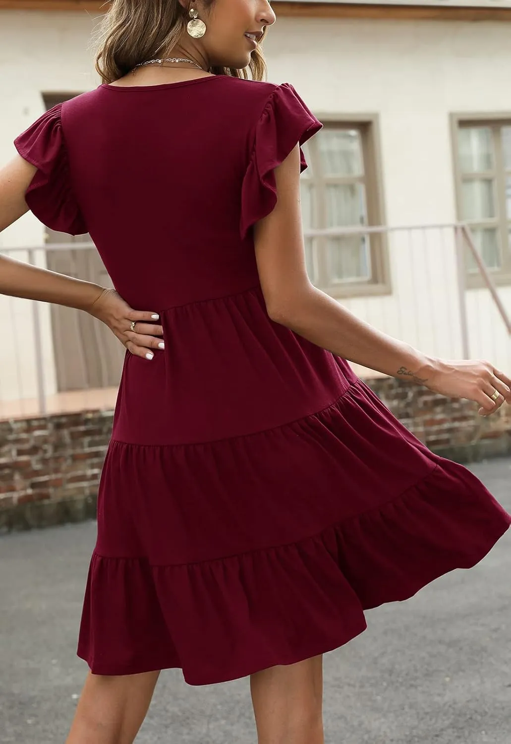 Lyrur Sundresses for Women Wedding Guest Cute Ruffle Sleeve Mini Tiered Babydoll Casual Beach Black Summer Dresses
