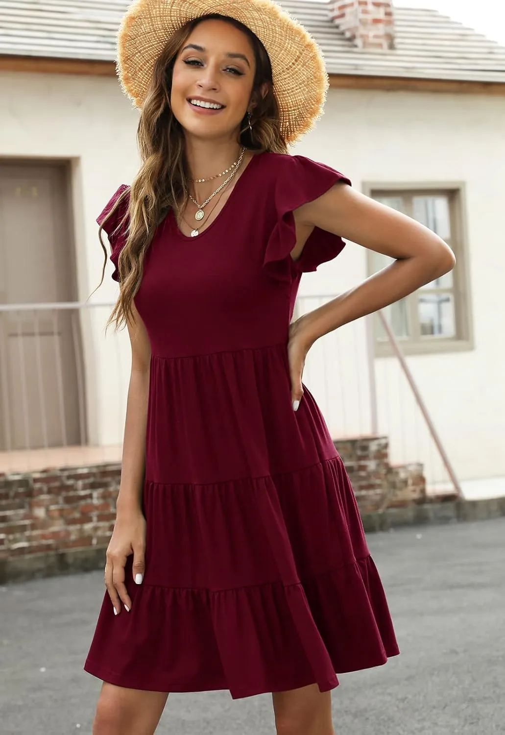 Lyrur Sundresses for Women Wedding Guest Cute Ruffle Sleeve Mini Tiered Babydoll Casual Beach Black Summer Dresses