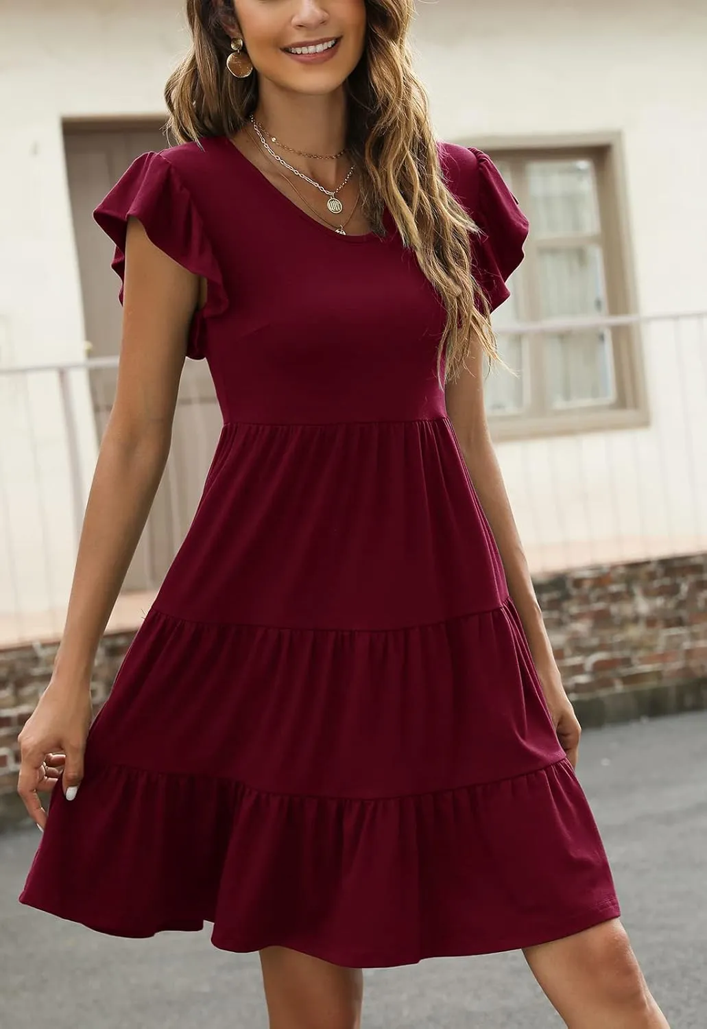 Lyrur Sundresses for Women Wedding Guest Cute Ruffle Sleeve Mini Tiered Babydoll Casual Beach Black Summer Dresses