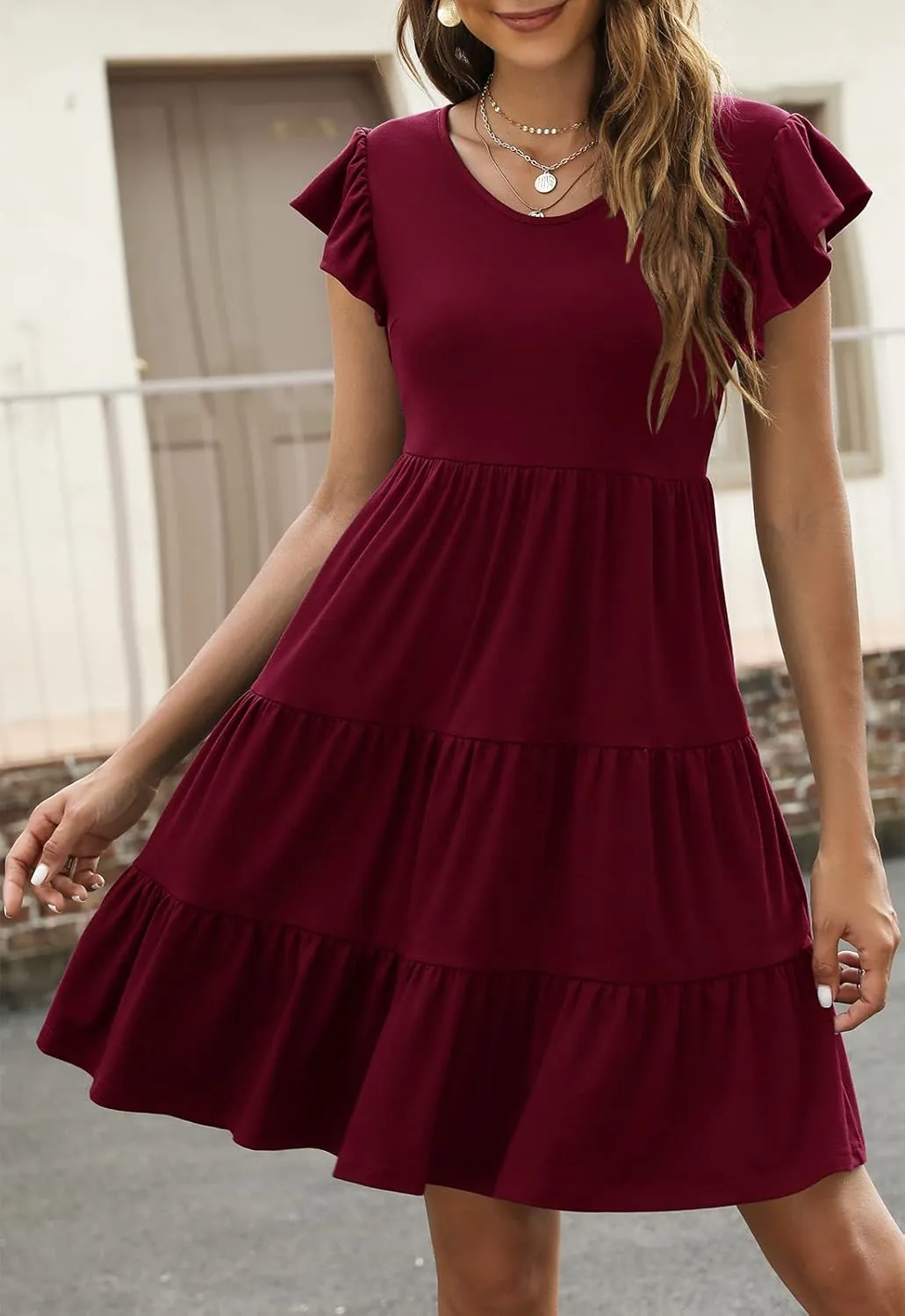 Lyrur Sundresses for Women Wedding Guest Cute Ruffle Sleeve Mini Tiered Babydoll Casual Beach Black Summer Dresses