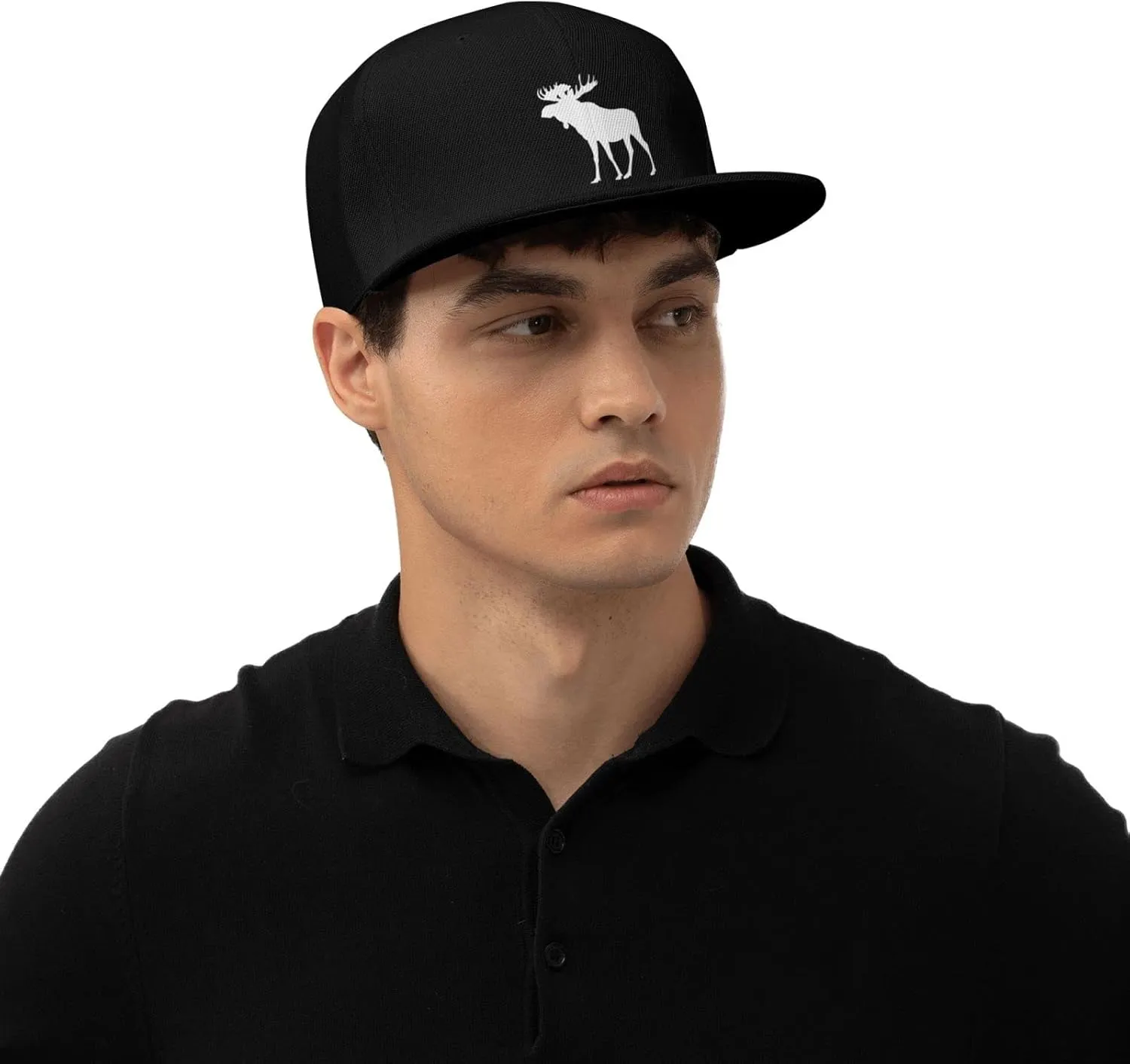 Moose Flat Bill Hat Unisex Fashion Adjustable Flat Brim Hat Black