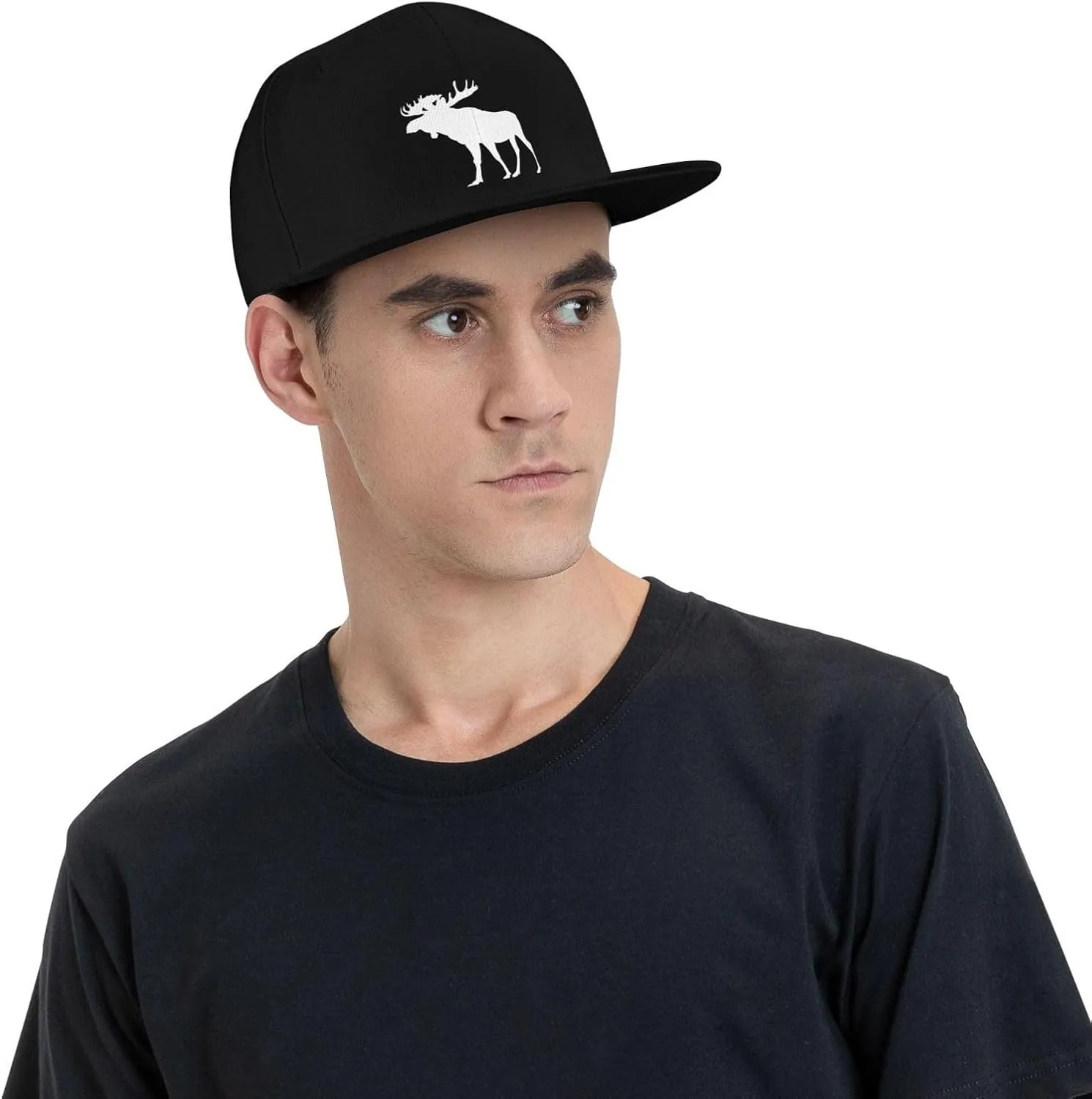 Moose Flat Bill Hat Unisex Fashion Adjustable Flat Brim Hat Black