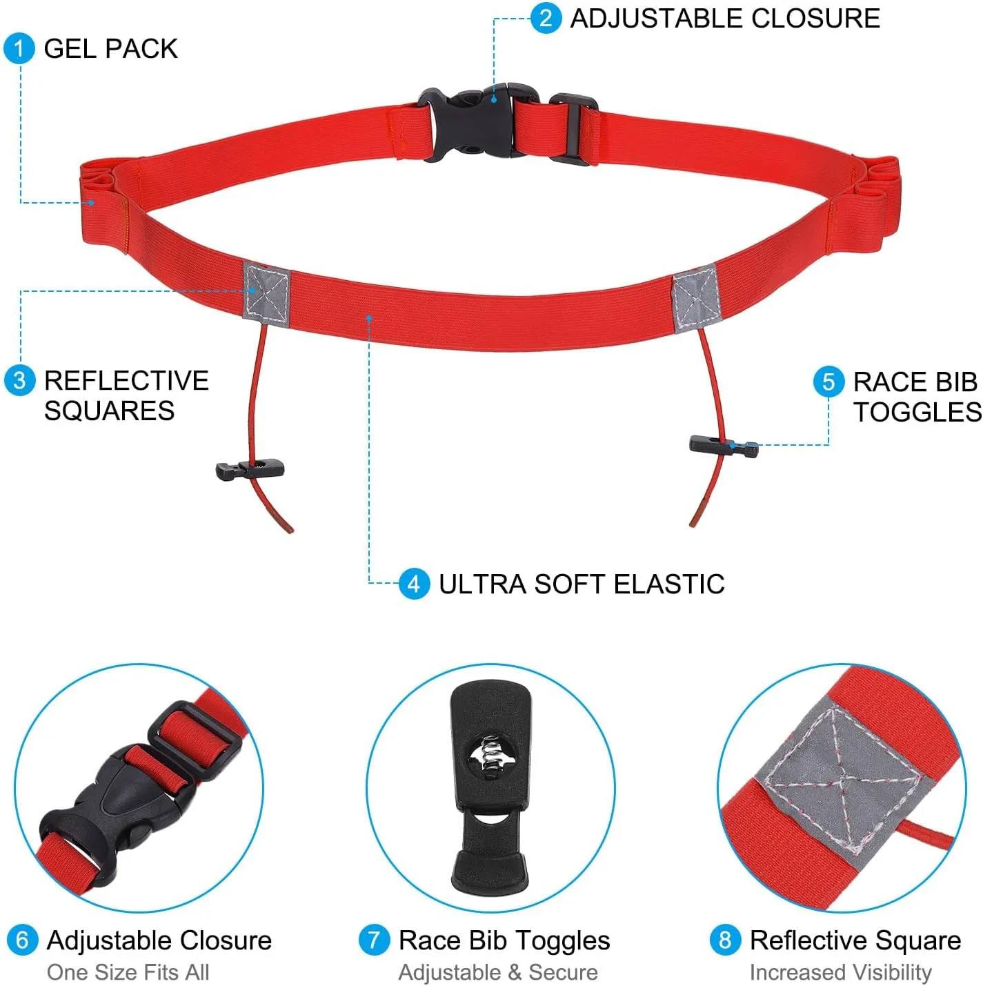 PATIKIL Elastic Triathlon Running Belt, 2 Pack Adjustable Race Number Belt Race Belt Bib Holder with 6 Energy Gel Loops for Marathons Racing Cycling, Red
