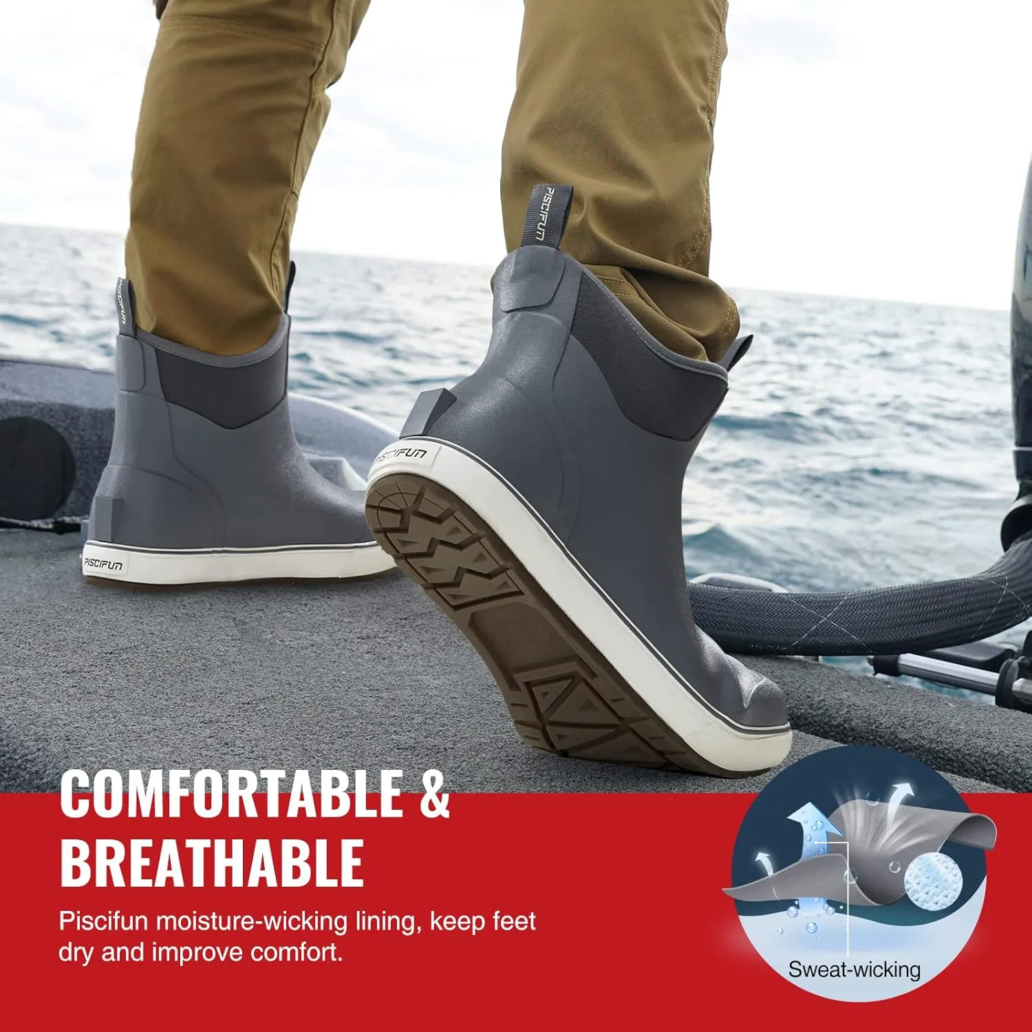 Piscifun Men s Deck Boots, Waterproof Fishing Rain Boots, Anti-Slip Rubber Boots with Breathable Neoprene Lining