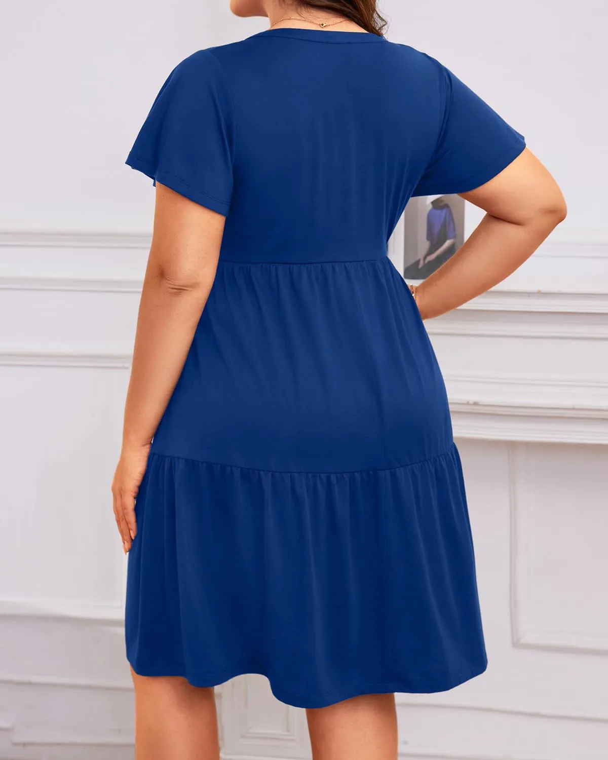 Plus Size Summer Dress - Casual Sundress Beach Short Sleeve V Neck Tiered Button Up Boho Midi Flowy Sun Dresses Women
