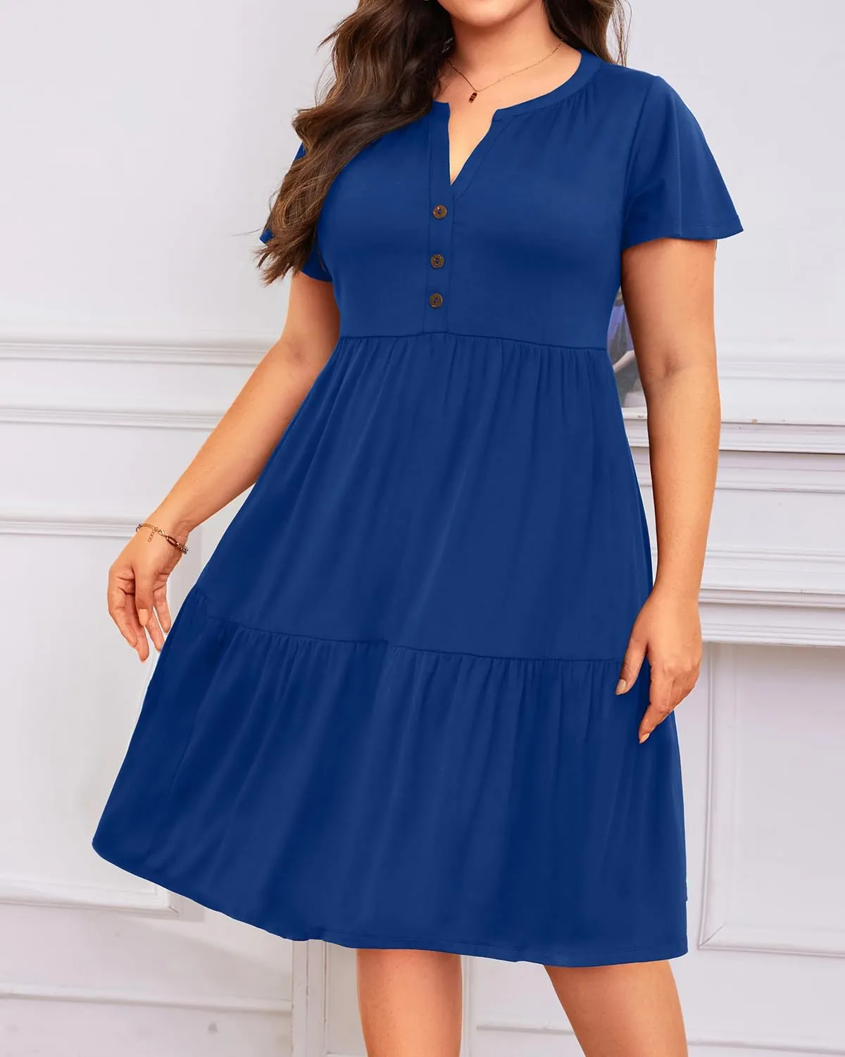 Plus Size Summer Dress - Casual Sundress Beach Short Sleeve V Neck Tiered Button Up Boho Midi Flowy Sun Dresses Women