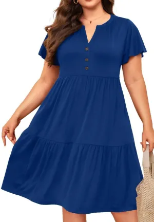 Plus Size Summer Dress - Casual Sundress Beach Short Sleeve V Neck Tiered Button Up Boho Midi Flowy Sun Dresses Women