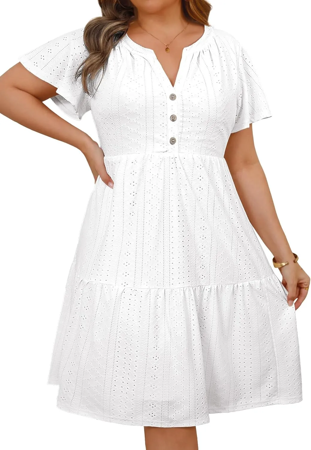 Plus Size Summer Dress - Casual Sundress Beach Short Sleeve V Neck Tiered Button Up Boho Midi Flowy Sun Dresses Women