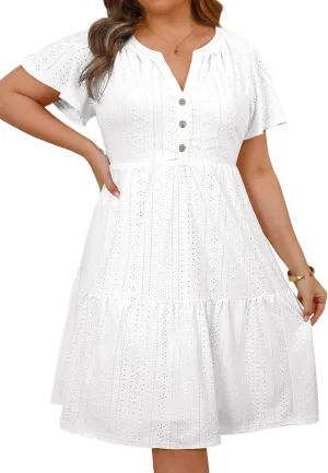 Plus Size Summer Dress - Casual Sundress Beach Short Sleeve V Neck Tiered Button Up Boho Midi Flowy Sun Dresses Women