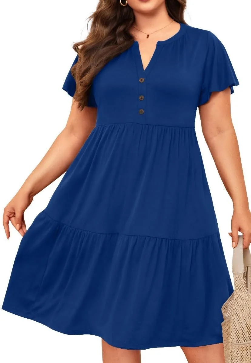 Plus Size Summer Dress - Casual Sundress Beach Short Sleeve V Neck Tiered Button Up Boho Midi Flowy Sun Dresses Women