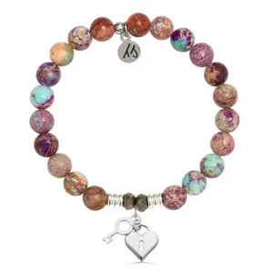 Purple Jasper Stone Bracelet with Key to my Heart Sterling Silver Charm