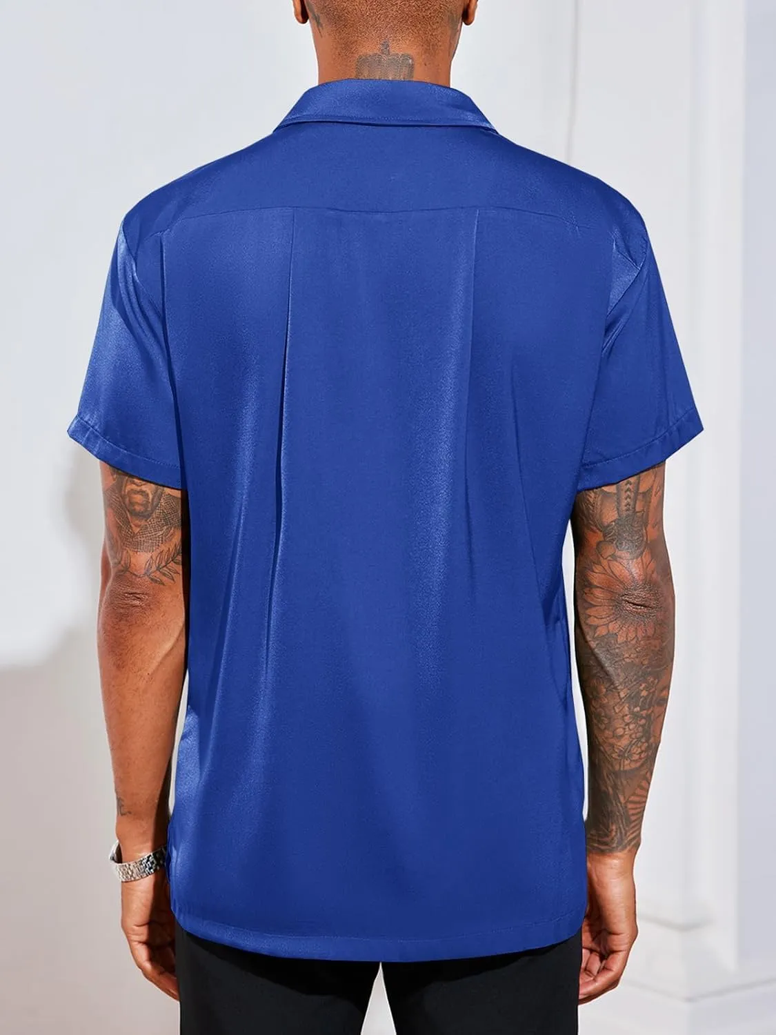 Runcati Mens Luxury Satin Silk Dress Shirts Casual Button Down Short Sleeve Prom Party Wedding Shirt