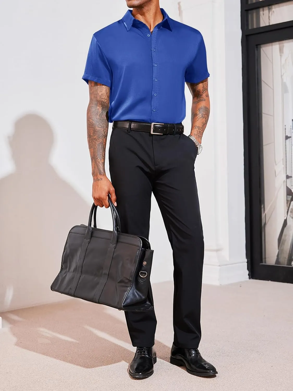 Runcati Mens Luxury Satin Silk Dress Shirts Casual Button Down Short Sleeve Prom Party Wedding Shirt