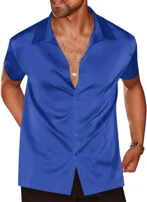 Runcati Mens Luxury Satin Silk Dress Shirts Casual Button Down Short Sleeve Prom Party Wedding Shirt