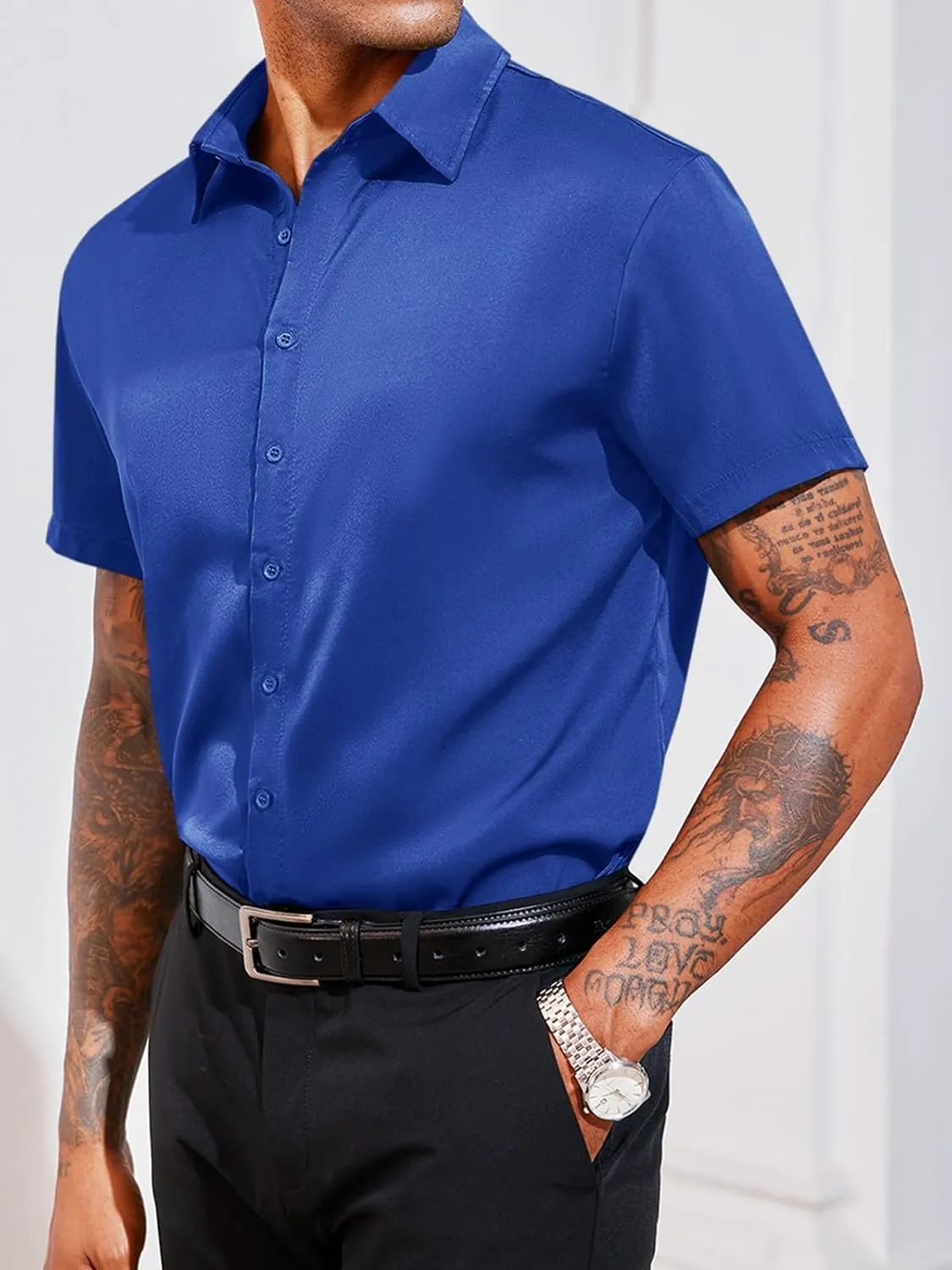 Runcati Mens Luxury Satin Silk Dress Shirts Casual Button Down Short Sleeve Prom Party Wedding Shirt