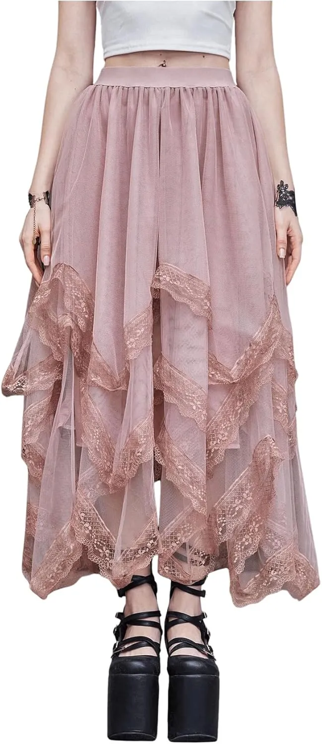 SHENHE Women's Lace Trim Layered Mesh Tulle Skirt High Waist Asymmetrical Long Goth Skirt