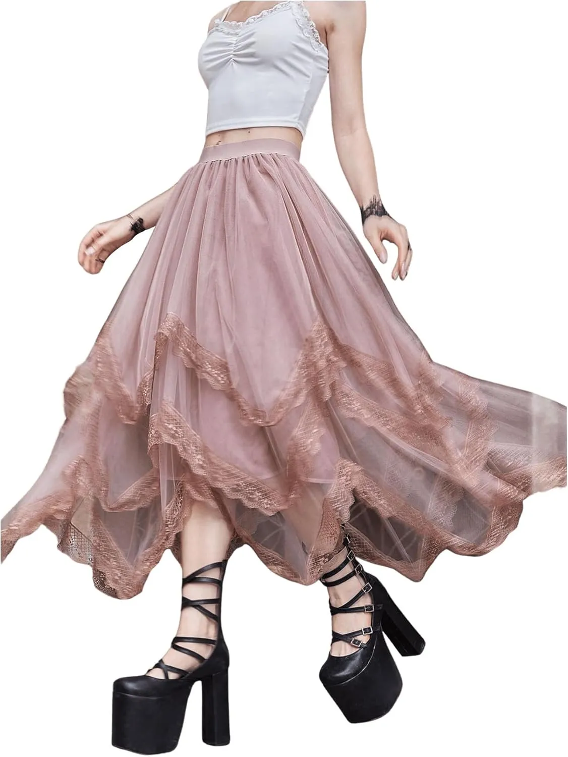 SHENHE Women's Lace Trim Layered Mesh Tulle Skirt High Waist Asymmetrical Long Goth Skirt
