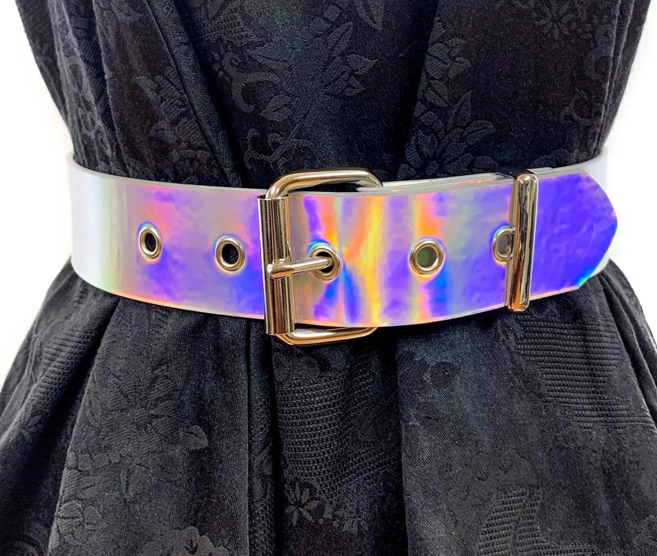 Silver Holographic Plain Belt With Grommet 
1 3/4" Wide