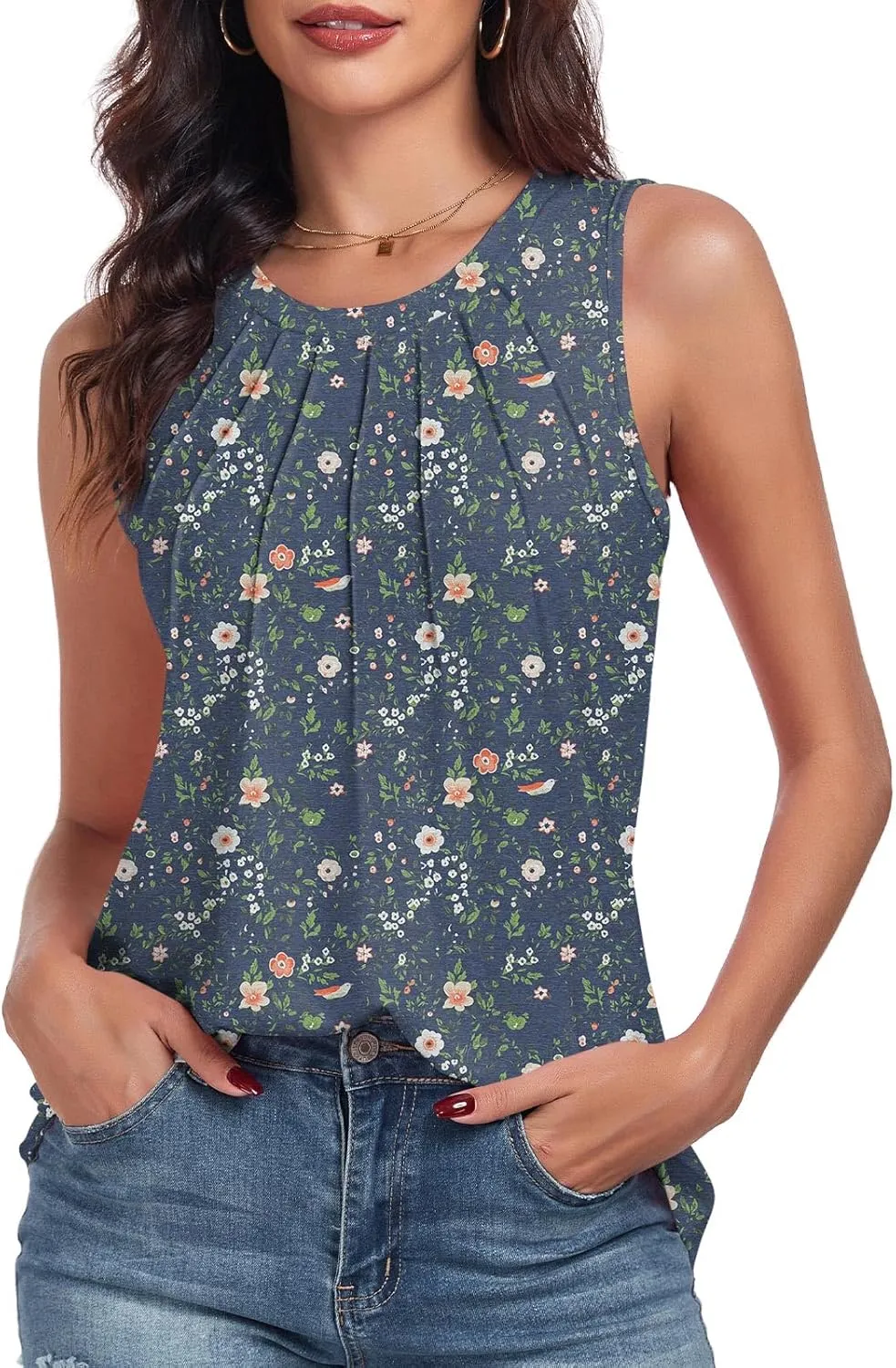 syoss Women's Summer Tank Tops Pleated Round Neck Sleeveless Tops