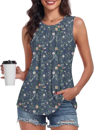 syoss Women's Summer Tank Tops Pleated Round Neck Sleeveless Tops