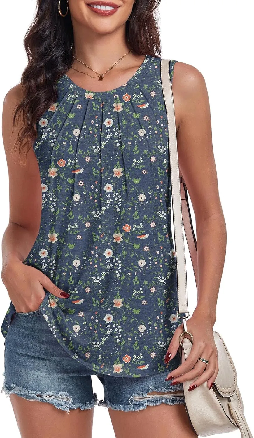 syoss Women's Summer Tank Tops Pleated Round Neck Sleeveless Tops