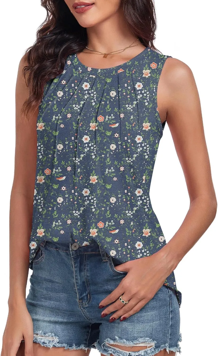 syoss Women's Summer Tank Tops Pleated Round Neck Sleeveless Tops