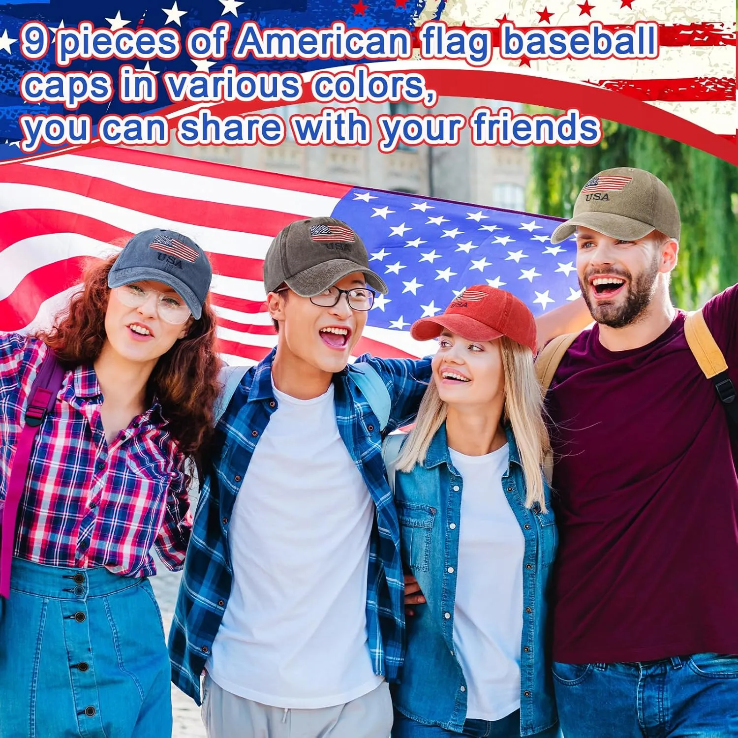 Tarpop 9 Pcs American Flag Baseball Cap Embroidered Adjustable USA Flag Hat 4th of July Patriotic Dad Cap for Women Men