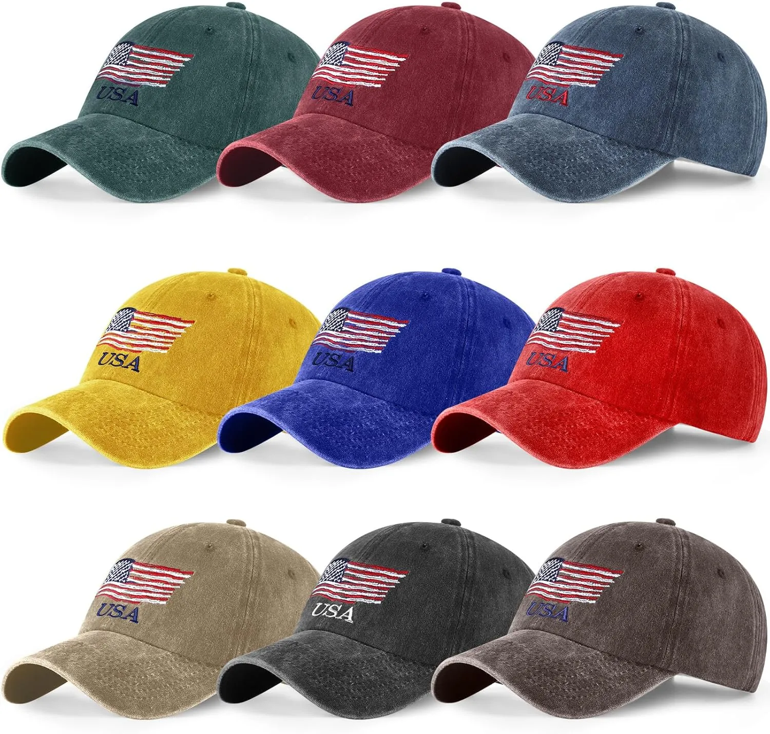 Tarpop 9 Pcs American Flag Baseball Cap Embroidered Adjustable USA Flag Hat 4th of July Patriotic Dad Cap for Women Men