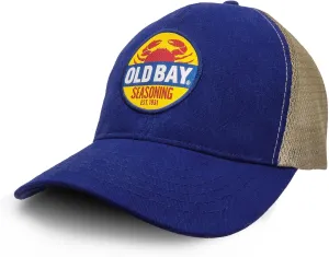 Tee Luv Old Bay Seasoning Hat - Old Bay Crab Logo Mesh Back Baseball Cap (Blue/Tan)