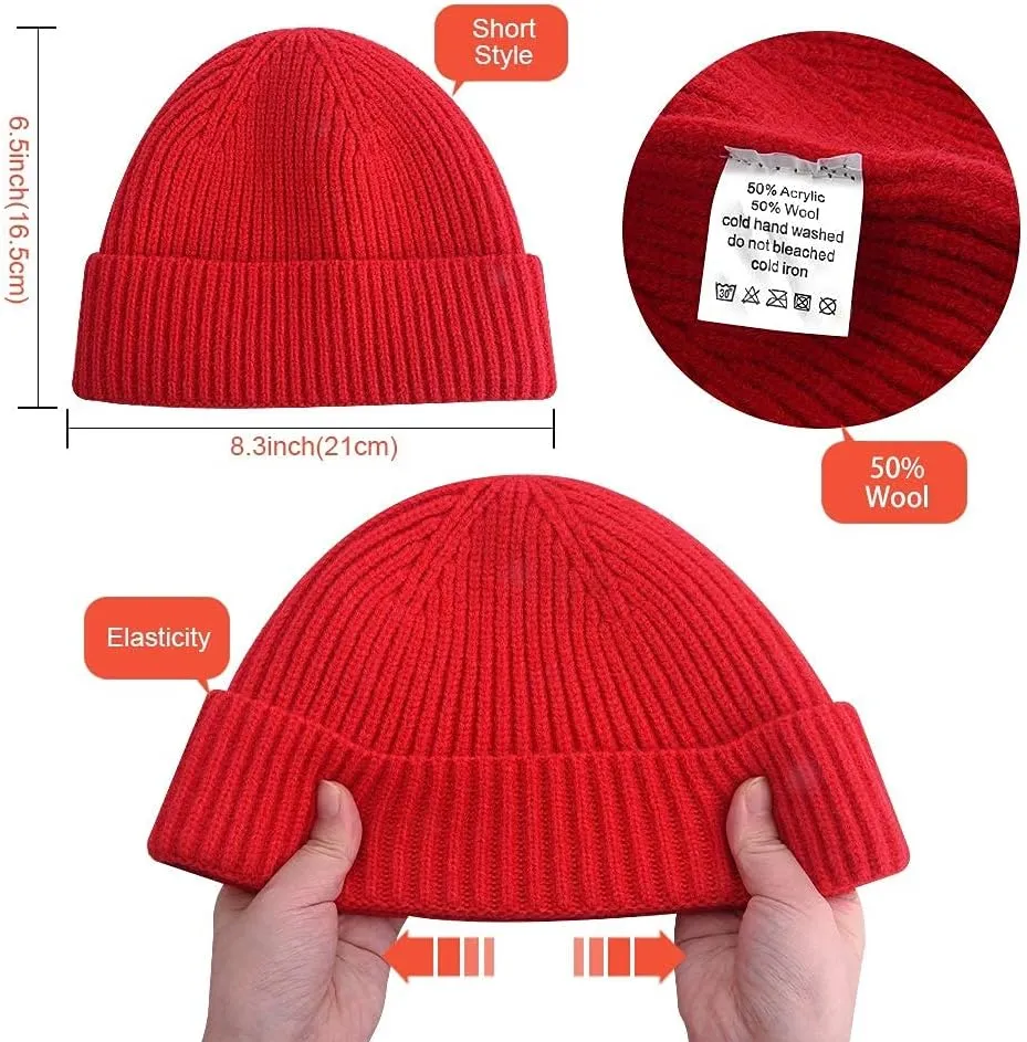 vidsel Short Fisherman Beanie for Men Women, Swag Wool Knit Cuff Trawler Skullcap,Winter Warm Hats