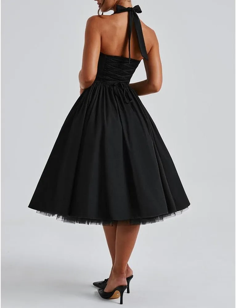 Women Halter Midi Dress Corset Back Layered Tuller Skirt Sleeveless Swing Cocktail Prom Formal Dresses