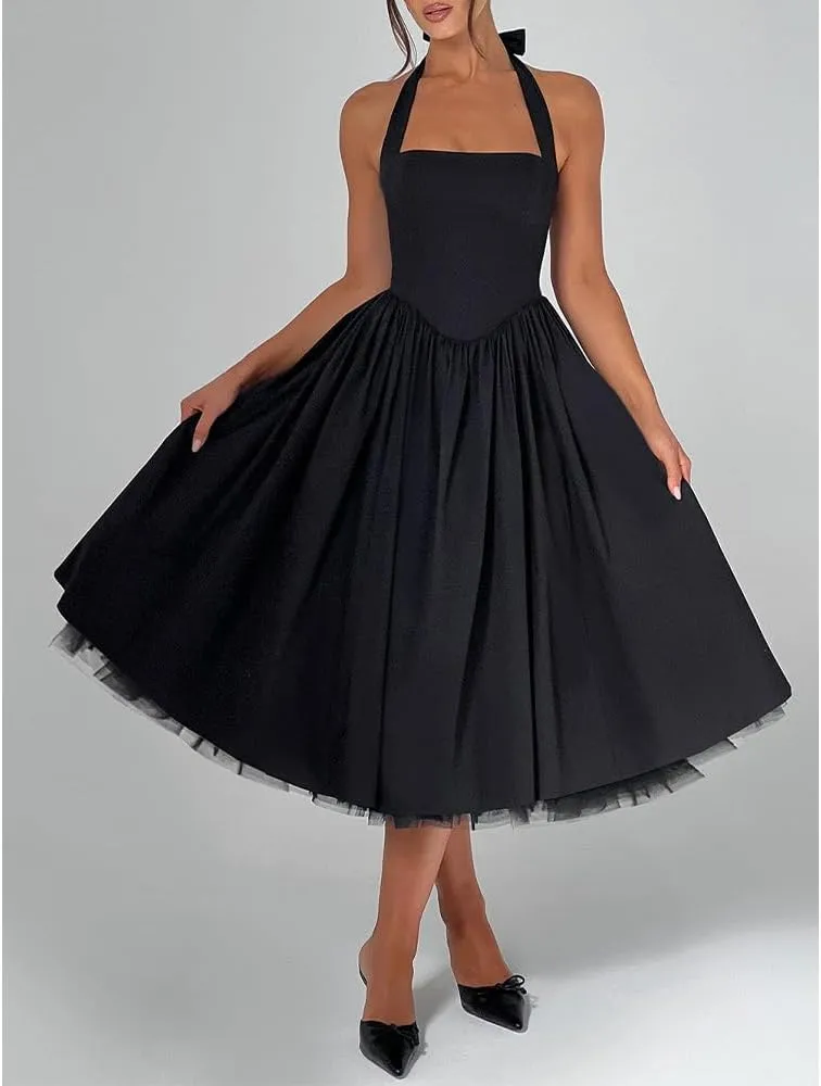 Women Halter Midi Dress Corset Back Layered Tuller Skirt Sleeveless Swing Cocktail Prom Formal Dresses