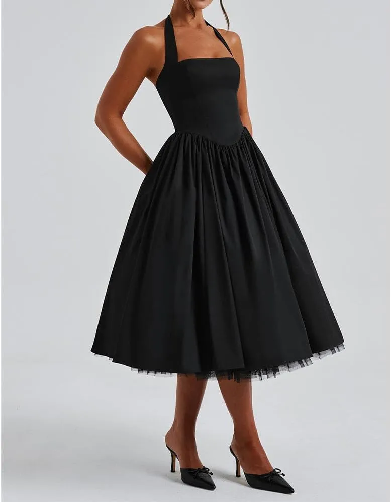 Women Halter Midi Dress Corset Back Layered Tuller Skirt Sleeveless Swing Cocktail Prom Formal Dresses