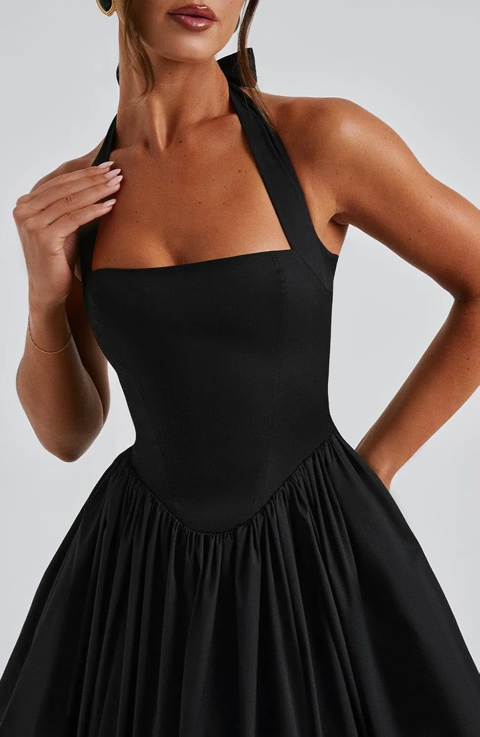 Women Halter Midi Dress Corset Back Layered Tuller Skirt Sleeveless Swing Cocktail Prom Formal Dresses
