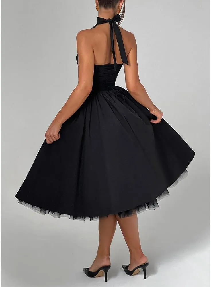 Women Halter Midi Dress Corset Back Layered Tuller Skirt Sleeveless Swing Cocktail Prom Formal Dresses