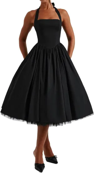 Women Halter Midi Dress Corset Back Layered Tuller Skirt Sleeveless Swing Cocktail Prom Formal Dresses