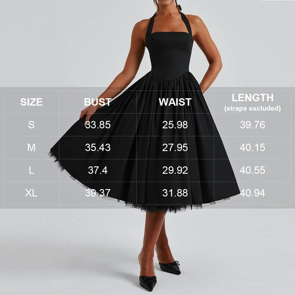 Women Halter Midi Dress Corset Back Layered Tuller Skirt Sleeveless Swing Cocktail Prom Formal Dresses