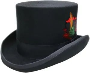 Women's Men High Round Flat Top Feathers Wool Felt Magician Hat Bowler Hat Christmas Costume Cap Black XL