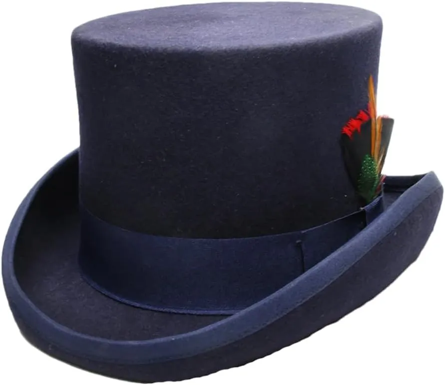 Women's Men High Round Flat Top Feathers Wool Felt Magician Hat Bowler Hat Christmas Costume Cap Navy M