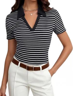 Womens Short Sleeve Business Casual Tops Summer V Neck Polo Work Shirts 2025 Fitted Basic Collared Shirt