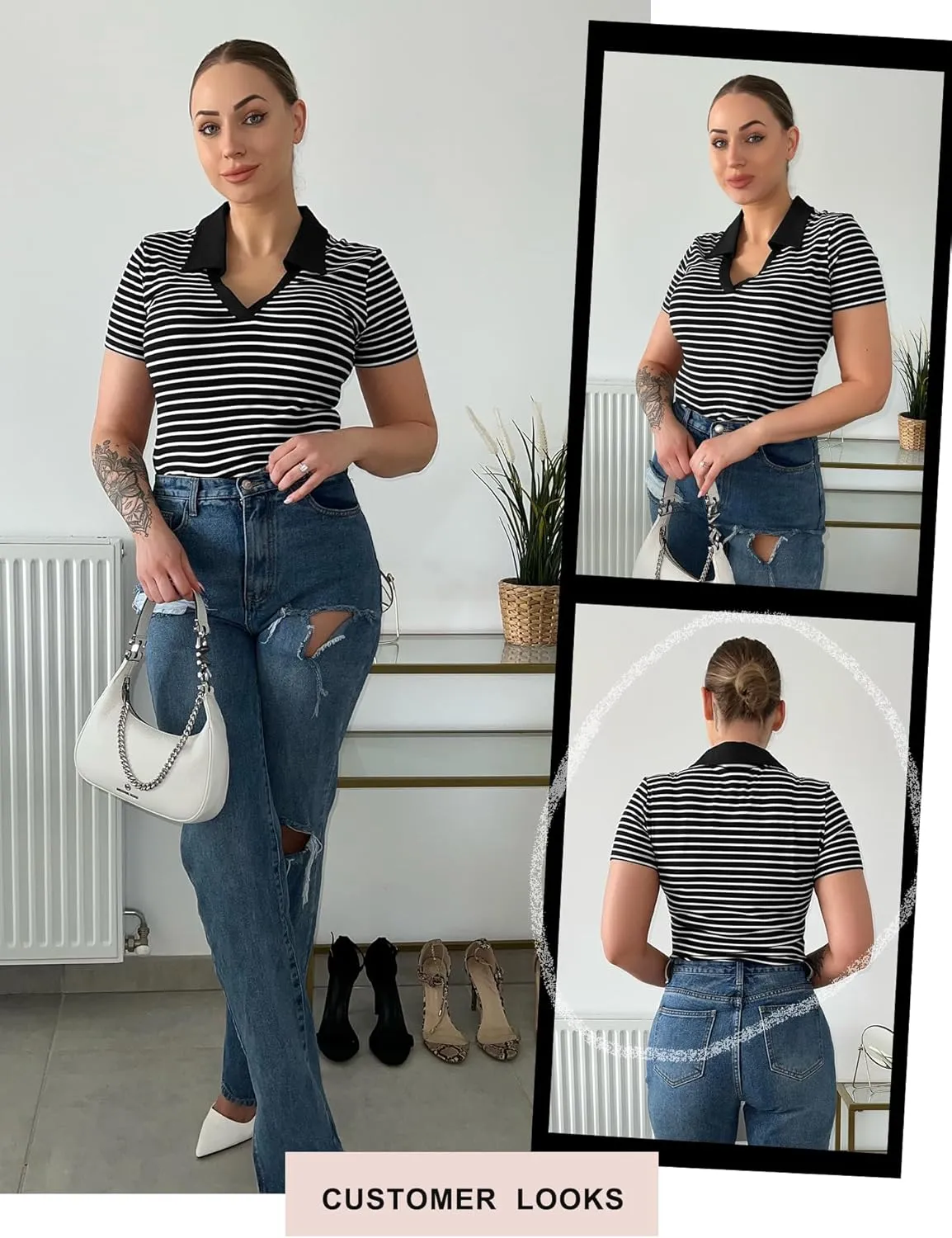 Womens Short Sleeve Business Casual Tops Summer V Neck Polo Work Shirts 2025 Fitted Basic Collared Shirt