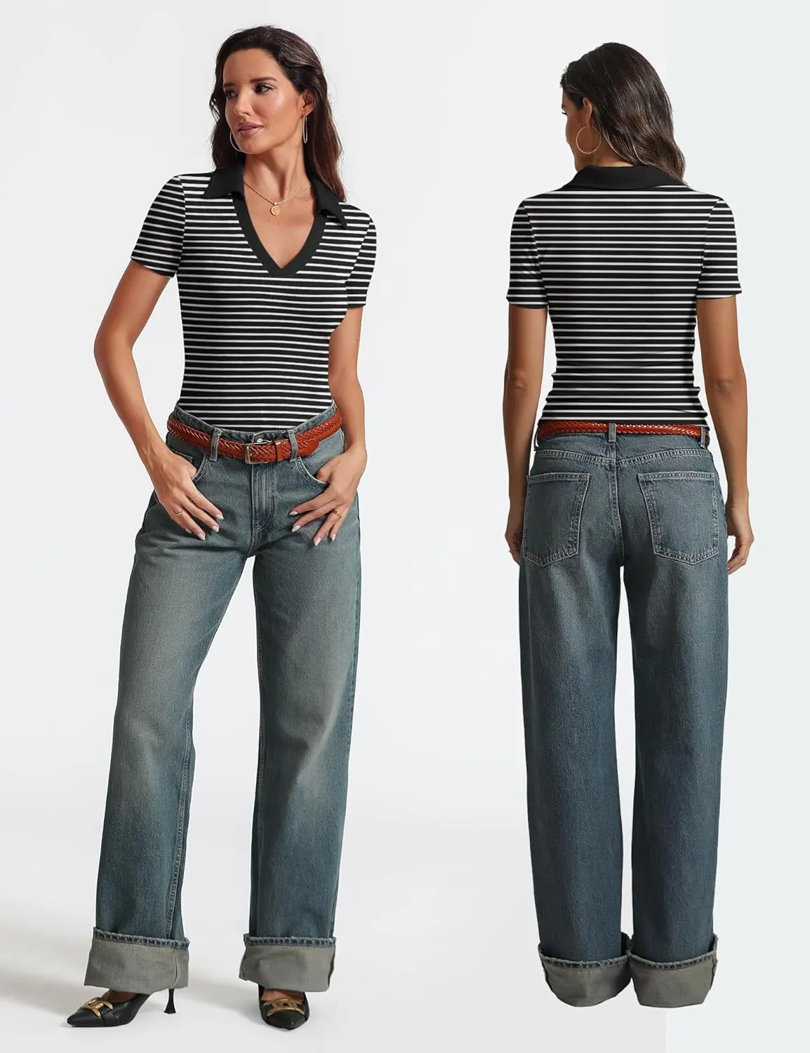 Womens Short Sleeve Business Casual Tops Summer V Neck Polo Work Shirts 2025 Fitted Basic Collared Shirt
