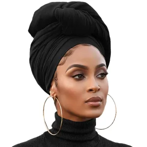 XTREND 1 Piece Stretch Jersey Head Wrap Solid Turban African Extra Wide Breathable Soft Fashion Headwraps Halo for Women (Black)