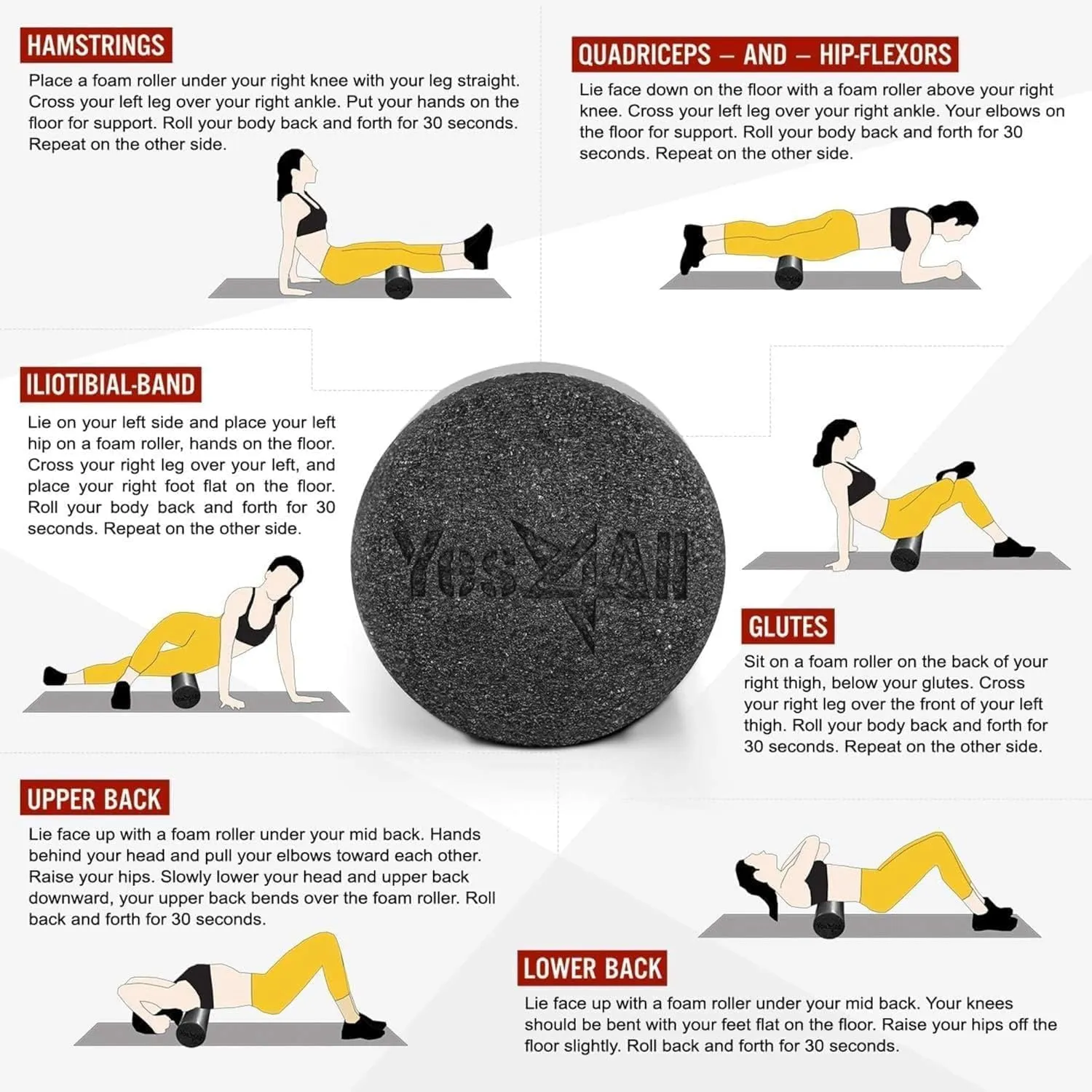 Yes4All Medium Firm Round PE Foam Roller for Pilates, Yoga, Stretching, Balance & Core Exercises